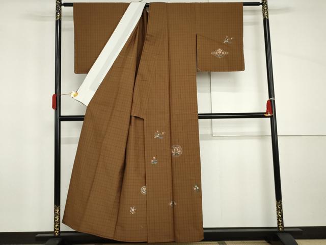 平和屋着物▽訪問着 単衣 紬地 総刺繍 双鳥花丸文 金糸 正絹 逸品 未使用 AABI8047cs