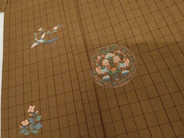 平和屋着物▽訪問着 単衣 紬地 総刺繍 双鳥花丸文 金糸 正絹 逸品 未使用 AABI8047cs