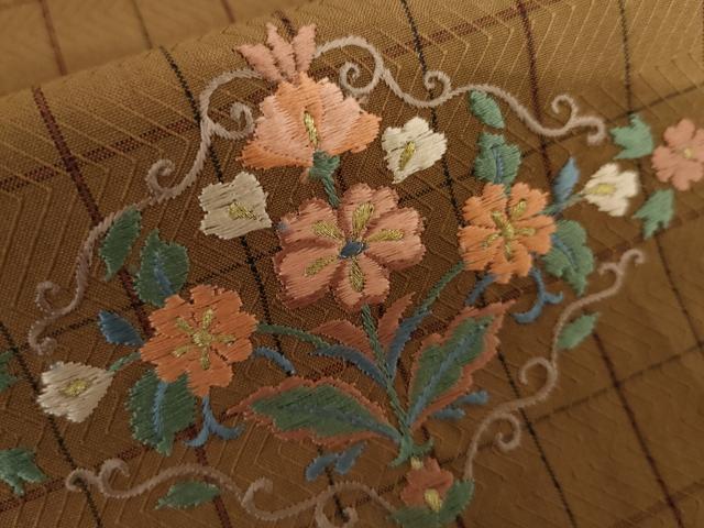 平和屋着物▽訪問着 単衣 紬地 総刺繍 双鳥花丸文 金糸 正絹 逸品 未使用 AABI8047cs