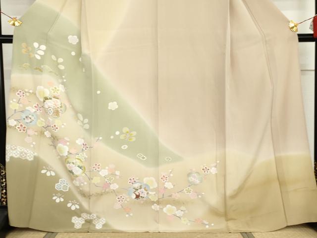 平和屋着物▽訪問着 単衣 友禅 花鼓文 枝梅 暈し染め 金銀彩 正絹 逸品 AABI8049cs