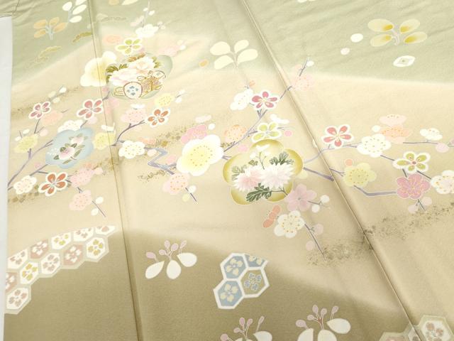 平和屋着物▽訪問着 単衣 友禅 花鼓文 枝梅 暈し染め 金銀彩 正絹 逸品 AABI8049cs