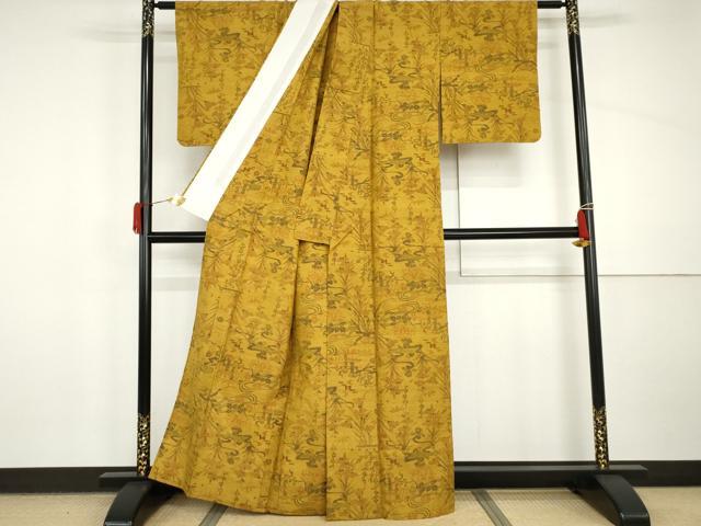 平和屋着物▽上質な紬 単衣 流水松竹梅文 正絹 逸品 AABI8055cs