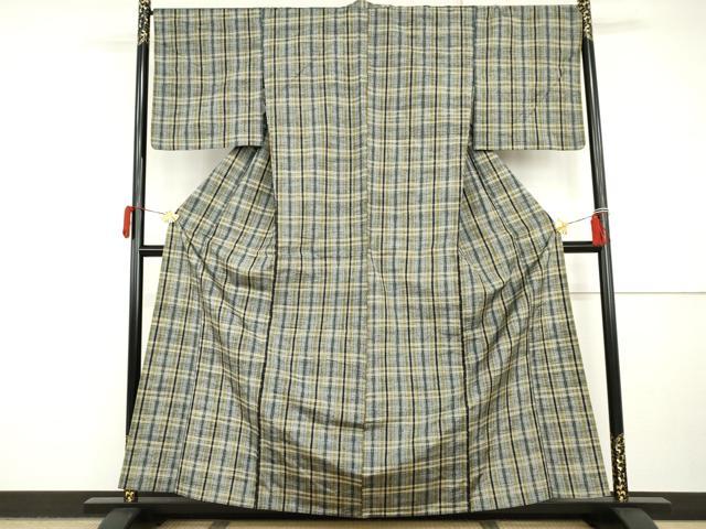 平和屋着物▽上質な紬 単衣 格子 正絹 逸品 AABI8057cs