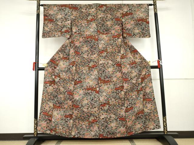 平和屋着物▽上質な小紋 単衣 辻が花 松竹梅風景文 正絹 逸品 AABI8066cs