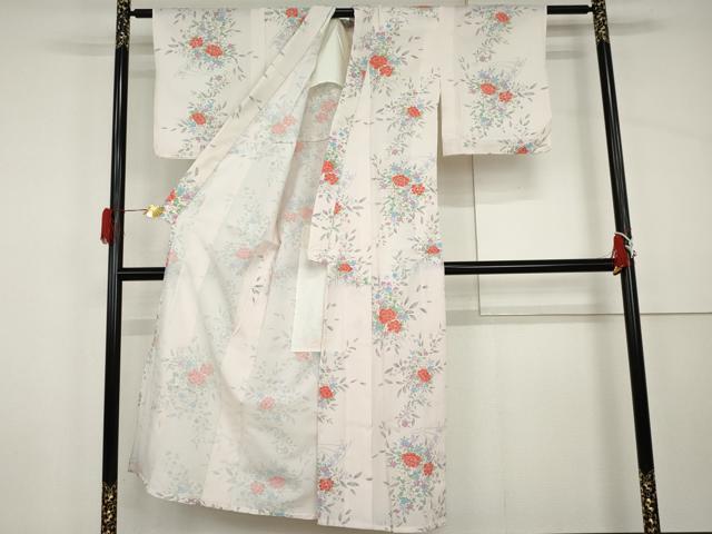 平和屋着物▽小紋 単衣 片輪車草花文 洗える着物 AABI8067cs
