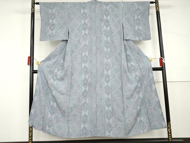 平和屋着物▽上質な小紋 単衣 更紗花鳥文 鬼しぼ縮緬 正絹 逸品 AABI8068cs