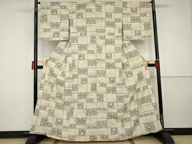 平和屋着物▽本塩沢 単衣 変わり格子 正絹 逸品 AABI8070cs