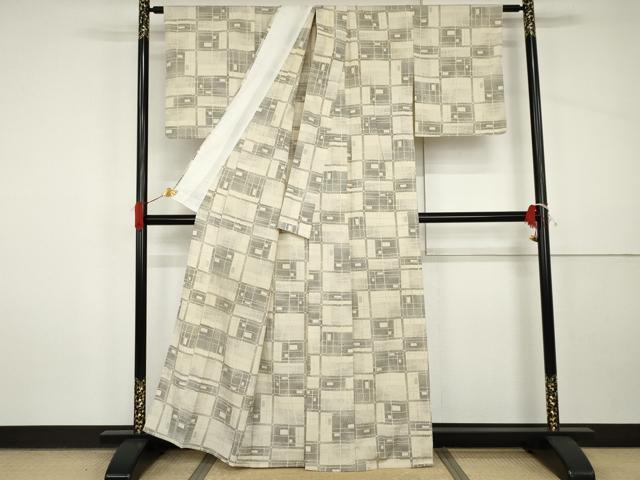 平和屋着物▽本塩沢 単衣 変わり格子 正絹 逸品 AABI8070cs