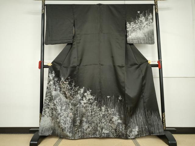 平和屋着物▽訪問着 単衣 刺繍 花蝶文 黒地 銀糸 銀彩 正絹 逸品 AABI8079cs