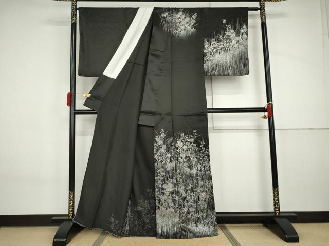 平和屋着物▽訪問着 単衣 刺繍 花蝶文 黒地 銀糸 銀彩 正絹 逸品 AABI8079cs