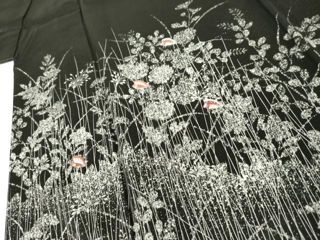 平和屋着物▽訪問着 単衣 刺繍 花蝶文 黒地 銀糸 銀彩 正絹 逸品 AABI8079cs