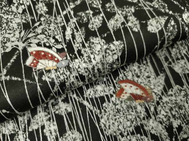 平和屋着物▽訪問着 単衣 刺繍 花蝶文 黒地 銀糸 銀彩 正絹 逸品 AABI8079cs