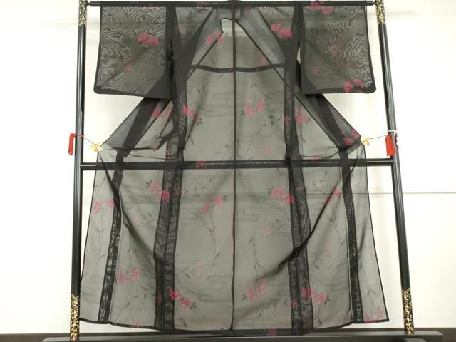 平和屋着物*夏物 小紋 紗 枝花文 黒地 正絹 逸品 AABI8087cs