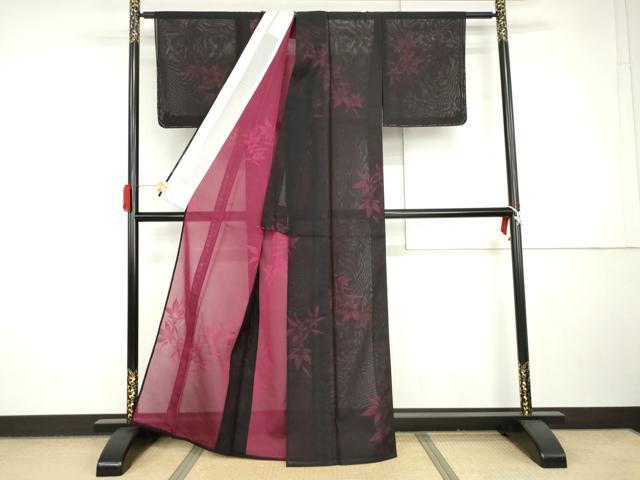 平和屋着物*夏物 小紋 風通紗 草花文 黒地 正絹 逸品 未使用 AABI8122cs