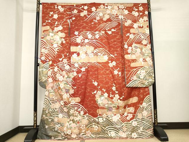 平和屋着物●振袖 駒刺繍 扇面吉祥花文 金彩 未使用 AABI8163ck