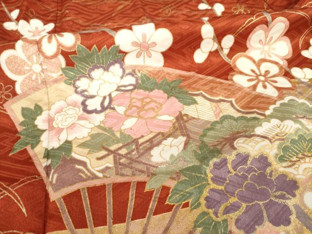平和屋着物●振袖 駒刺繍 扇面吉祥花文 金彩 未使用 AABI8163ck