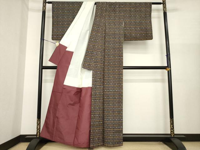 平和屋着物●上質な紬 格子 正絹 逸品 AABI8196ck
