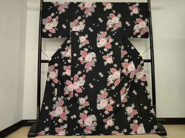 平和屋着物●小紋 舞花文 黒地 ロング丈 洗える着物 AABI8204ck