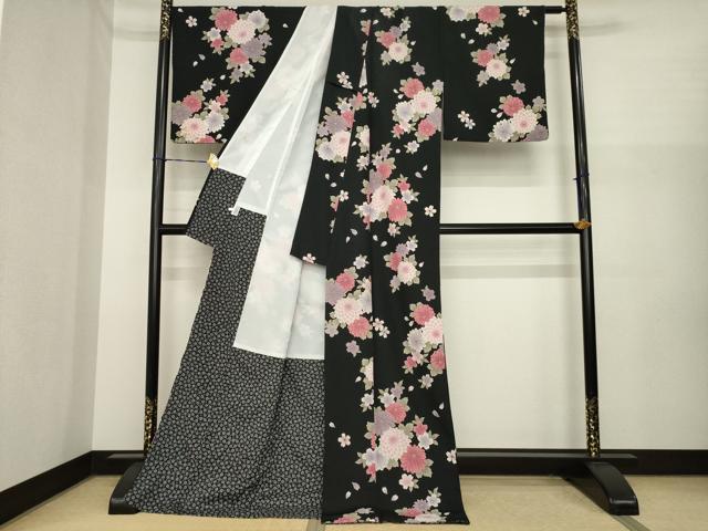 平和屋着物●小紋 舞花文 黒地 ロング丈 洗える着物 AABI8204ck