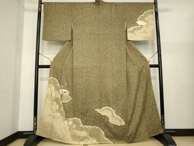平和屋着物●訪問着 絞り 刺繍 雲重ね地紙花文 金彩 正絹 逸品 AABI8206ck