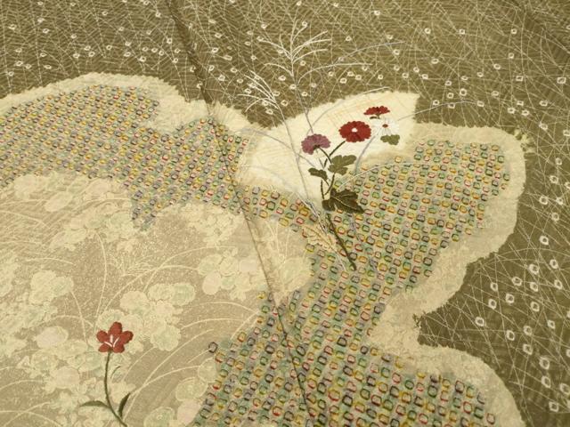 平和屋着物●訪問着 絞り 刺繍 雲重ね地紙花文 金彩 正絹 逸品 AABI8206ck