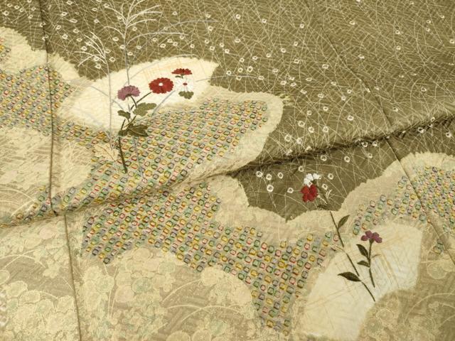 平和屋着物●訪問着 絞り 刺繍 雲重ね地紙花文 金彩 正絹 逸品 AABI8206ck