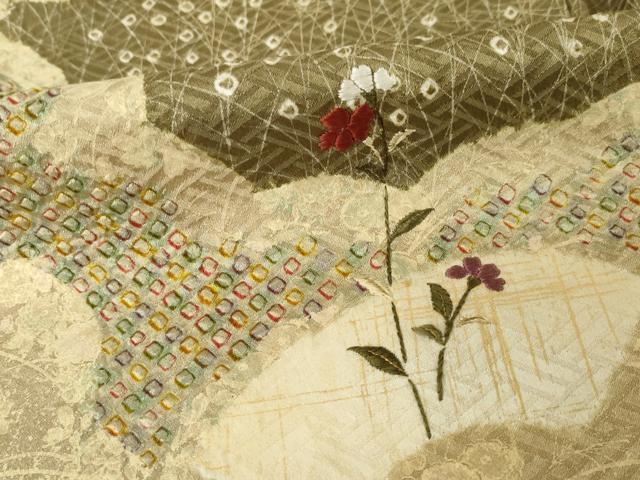平和屋着物●訪問着 絞り 刺繍 雲重ね地紙花文 金彩 正絹 逸品 AABI8206ck