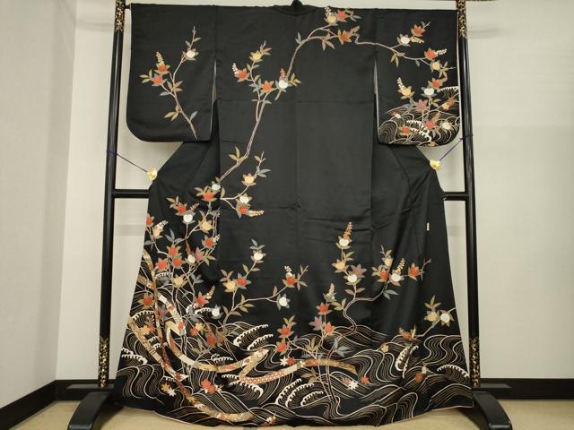 平和屋着物●十日町老舗ブランド 吉澤友禅 吾妻徳穂 訪問着 駒刺繍 吉祥立波文 橘 黒地 金彩 正絹 逸品 AABI8228ck