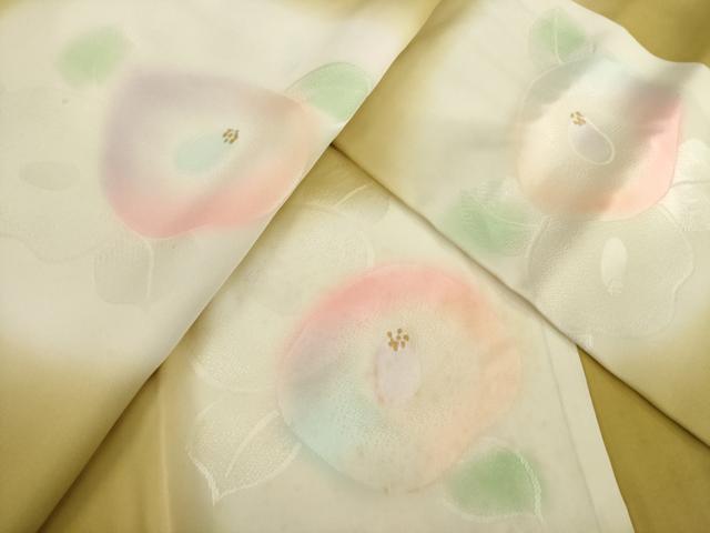 平和屋着物●振袖用長襦袢 袷 椿 暈し染め 金彩 ますいわ屋扱い 半衿刺繍 正絹 逸品 AABI8232ck