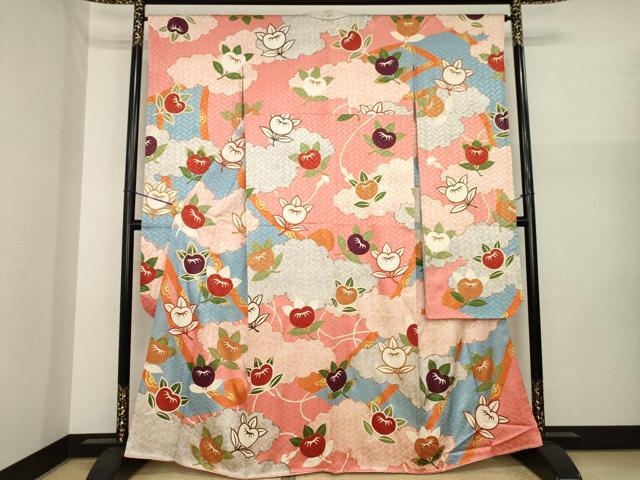 平和屋着物●十日町老舗ブランド 吉澤友禅 吾妻徳穂 振袖 駒刺繍 橘文 金彩 正絹 逸品 AABI8236ck