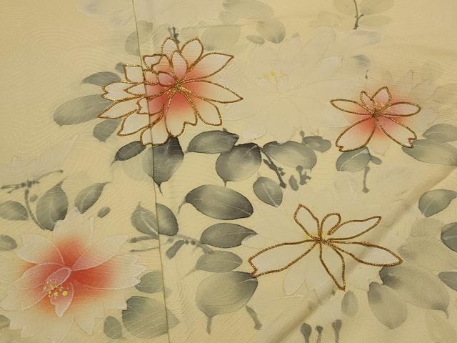 平和屋着物■訪問着 手描き 駒刺繍 草花文 正絹 逸品 AABI8306st