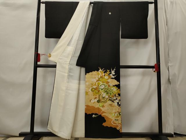 平和屋着物■豪華黒留袖 駒刺繍 花車文 金彩 金糸 正絹 逸品 AABI8326st