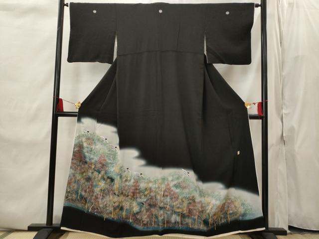 平和屋着物■豪華黒留袖 樹林飛鶴文 暈し染め 金彩 正絹 逸品 AABI8358st