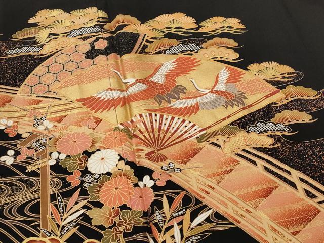 平和屋着物■豪華黒留袖 扇面飛鶴松文 金彩 正絹 逸品 AABI8360st