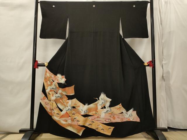 平和屋着物■豪華黒留袖 飛鶴熨斗花松文 金彩 正絹 逸品 AABI8383st