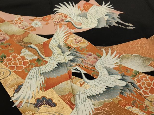 平和屋着物■豪華黒留袖 飛鶴熨斗花松文 金彩 正絹 逸品 AABI8383st