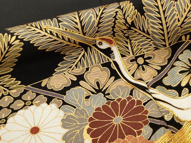 平和屋着物■豪華黒留袖 駒刺繍 飛鶴花文 金彩 正絹 逸品 AABI8393st