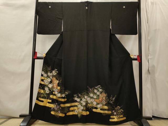 平和屋着物■豪華黒留袖 駒刺繍 御所車花文 金糸 正絹 逸品 AABI8410st
