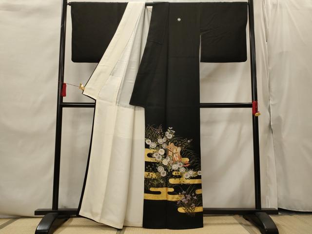 平和屋着物■豪華黒留袖 駒刺繍 御所車花文 金糸 正絹 逸品 AABI8410st