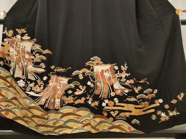 平和屋着物■豪華黒留袖 駒刺繍 几帳花文 金彩 正絹 逸品 AABI8435st