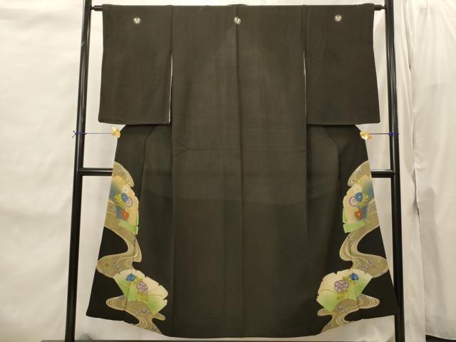 平和屋着物■アンティーク 黒留袖 両褄 流水地紙花文 暈し染め 正絹 逸品 AABI8475st