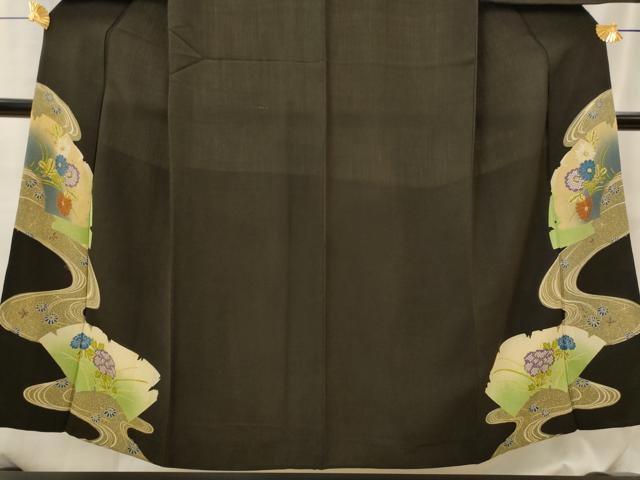 平和屋着物■アンティーク 黒留袖 両褄 流水地紙花文 暈し染め 正絹 逸品 AABI8475st