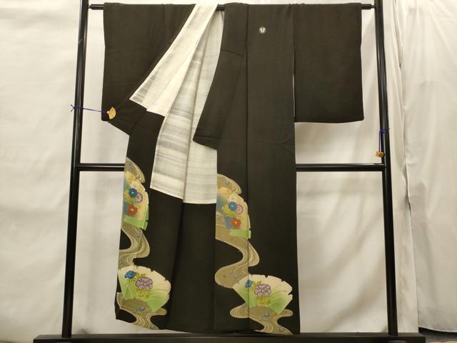 平和屋着物■アンティーク 黒留袖 両褄 流水地紙花文 暈し染め 正絹 逸品 AABI8475st