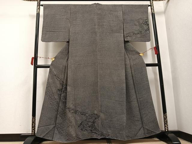 平和屋着物●江戸小紋 訪問着 鮫小紋柄 青海波 黒地 鬼しぼ縮緬 正絹 逸品 AABI8481ph