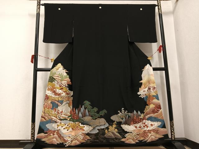 平和屋着物●豪華黒留袖 渡り橋風景草花文 金彩 正絹 逸品 AABI8483ph