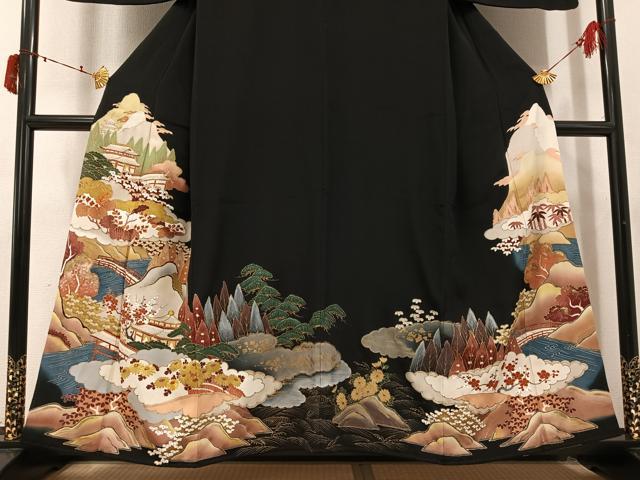 平和屋着物●豪華黒留袖 渡り橋風景草花文 金彩 正絹 逸品 AABI8483ph