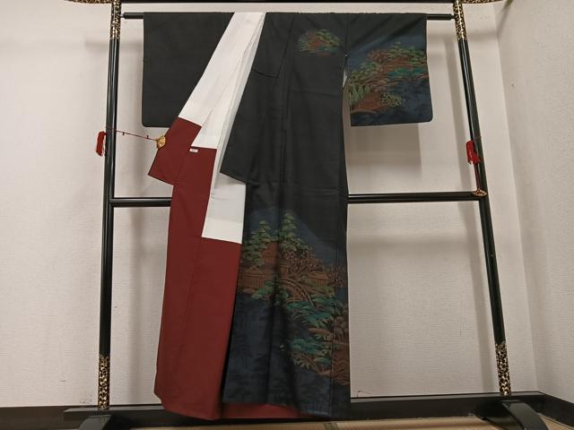 平和屋着物●本場大島紬 訪問着 松竹梅渡り橋風景文 正絹 逸品 AABI8493ph