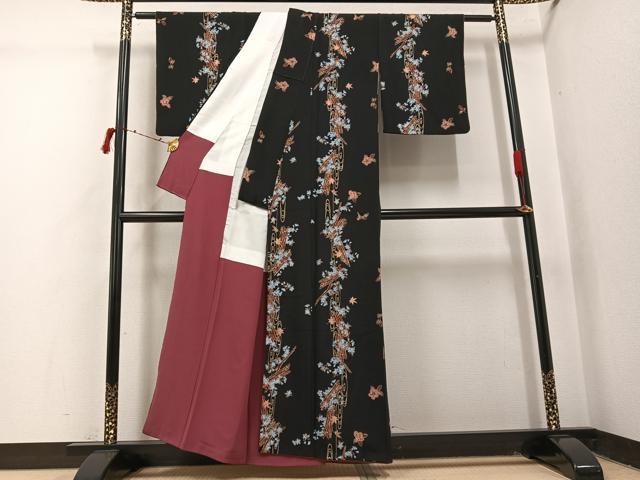 平和屋着物●上質な小紋 花筏文 黒地 金彩 正絹 逸品 AABI8496ph