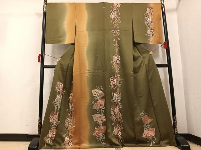 平和屋着物●訪問着 御所車地紙草花文 暈し染め 金彩 正絹 逸品 AABI8499ph