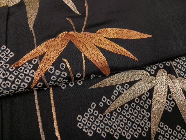 平和屋着物●訪問着 駒刺繍 絞り 笹文 黒地 金銀糸 正絹 逸品 AABI8521ph